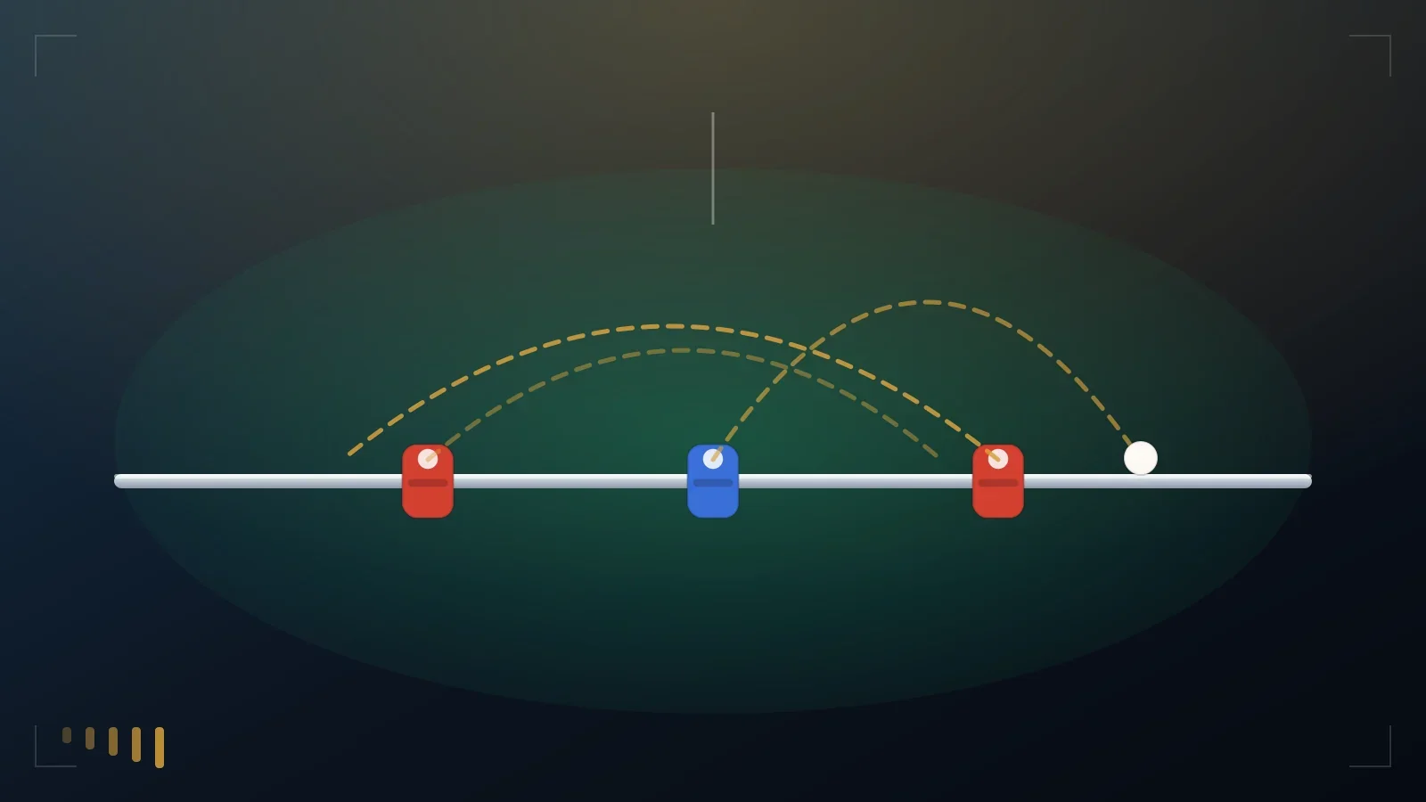 Trajectoires de balle au-dessus d'une barre de baby-foot et de ses figurines